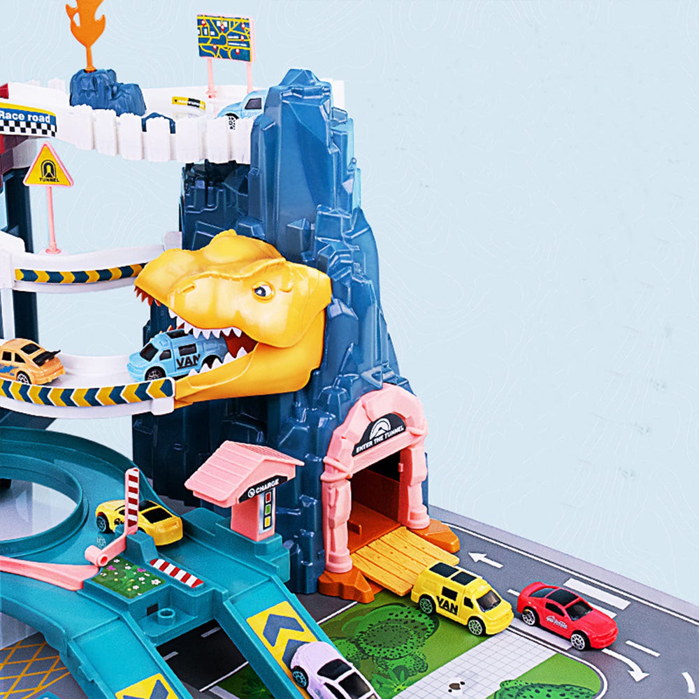 Juqic colorful vehicles track encourages problem solving during build and race play.