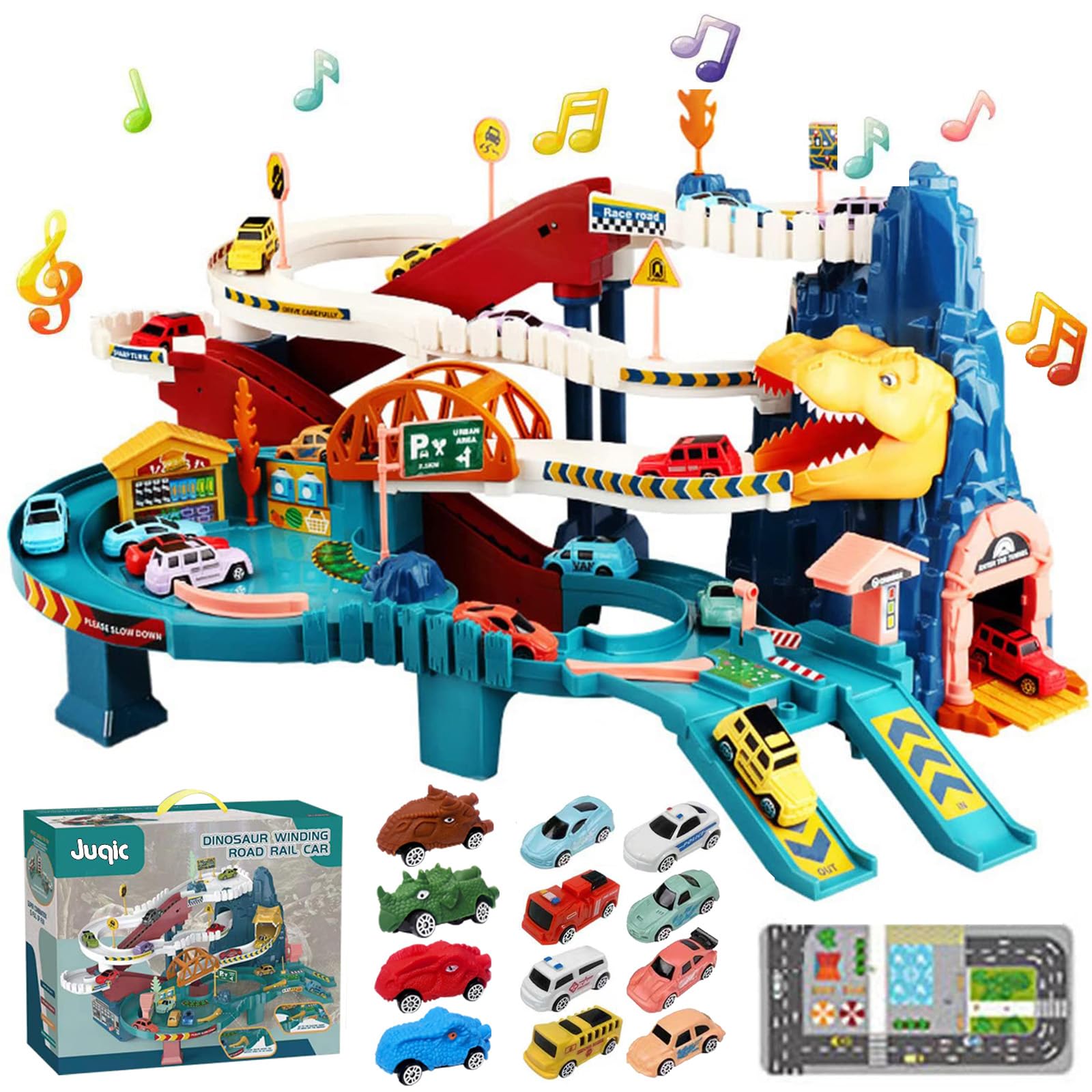 Juqic toy car ramp track with dinosaur hill promotes imaginative play and coordination.