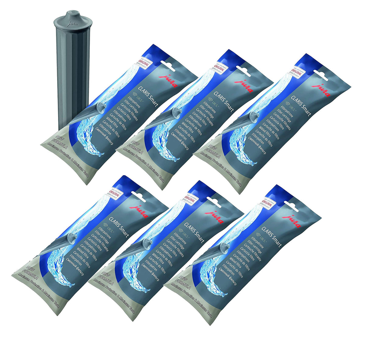Jura Claris Smart filter set with six cartridges improves water quality for coffee.