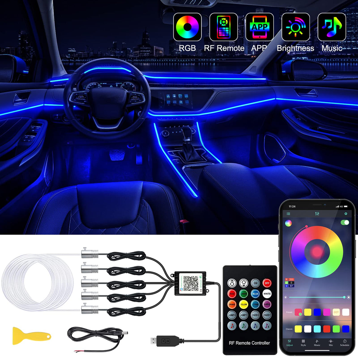 Jushope interior car LED strip lights with app and remote control for easy color change