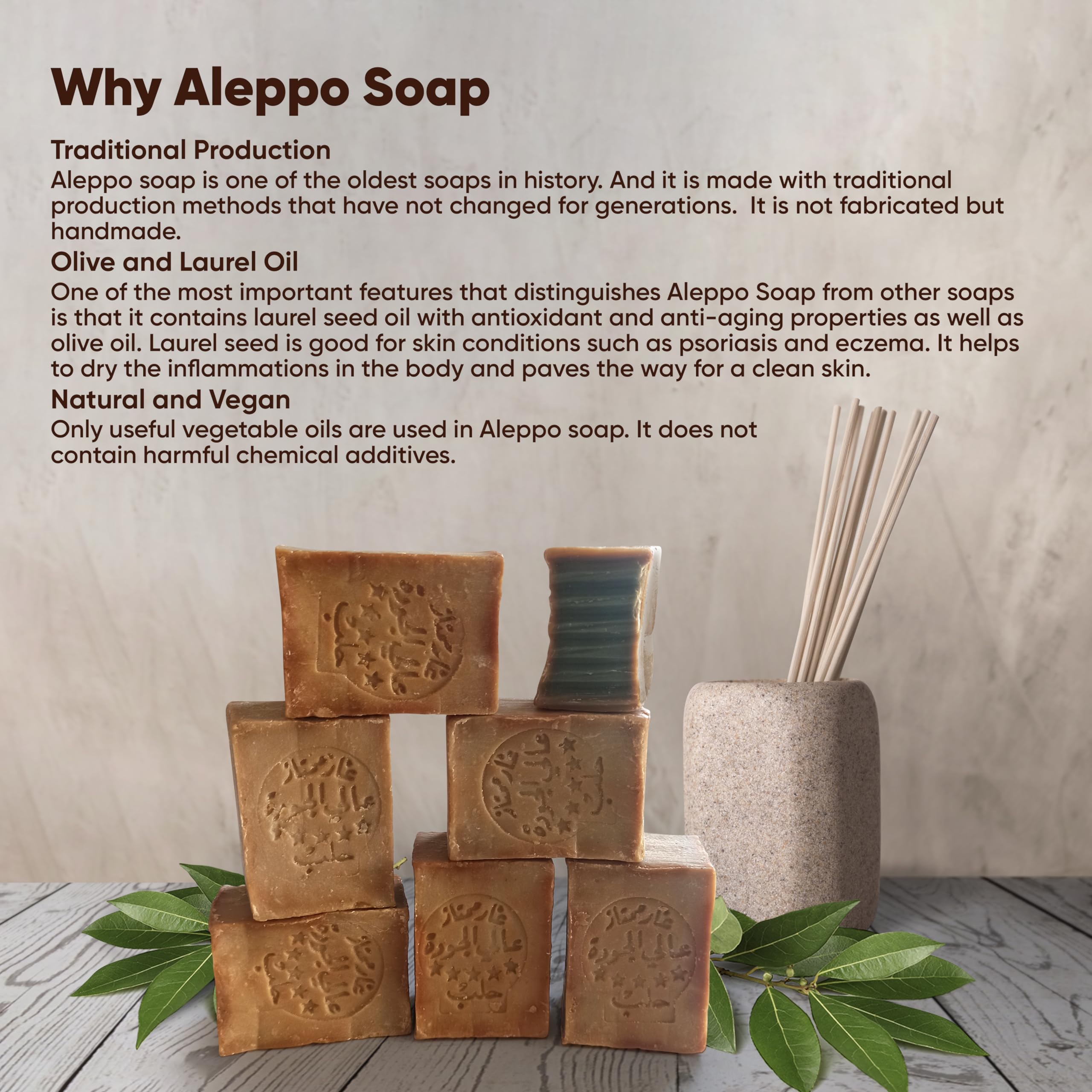 JUSIZA Aleppo Soap highlights laurel oil content for cleansing with care.