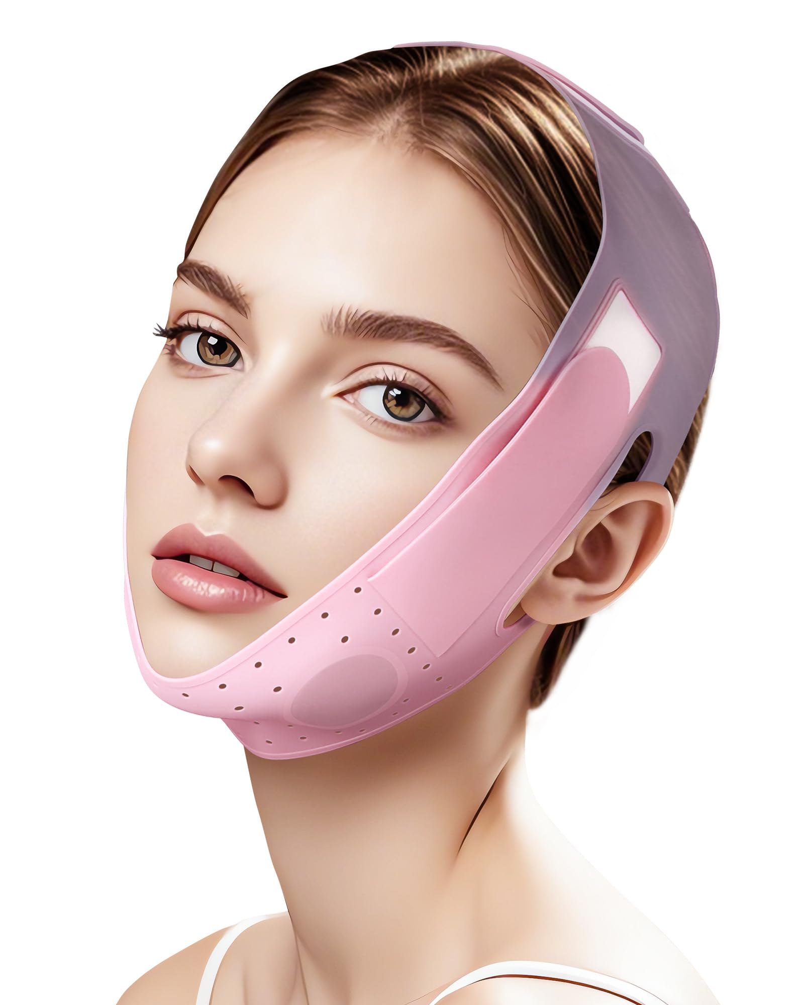 JUSMORE V-Line Sculpting Mask close-up in pink shaping the jawline.