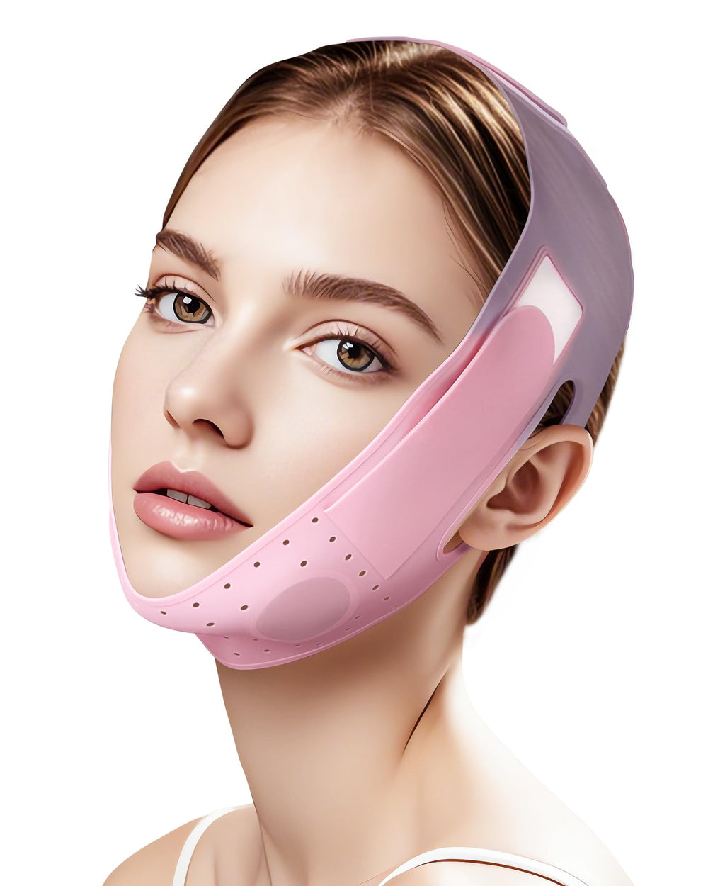 JUSMORE V-Line Sculpting Mask close-up in pink shaping the jawline.