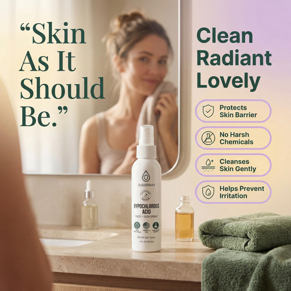Jusspray HOCl facial spray being applied to clean skin