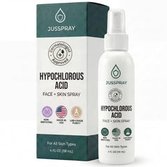 Jusspray HOCl face spray bottle shown for daily skin care and cleansing