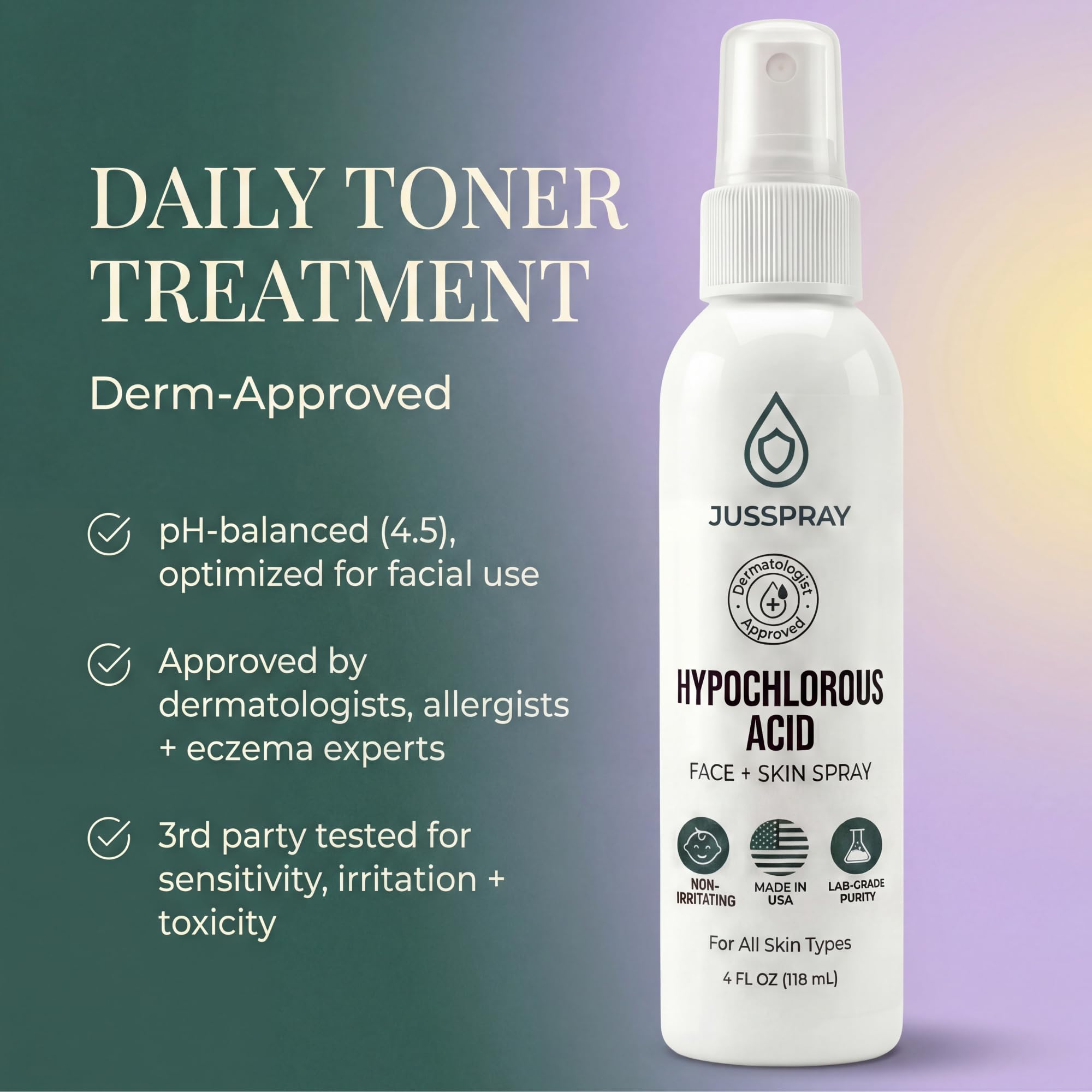 Jusspray HOCl skin care routine shown with bottle and product