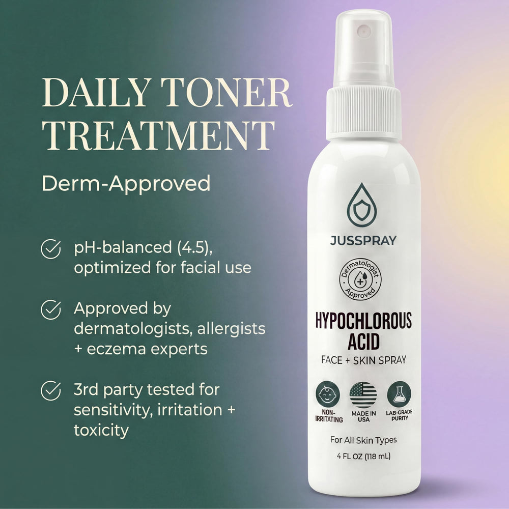 Jusspray HOCl skin care routine shown with bottle and product