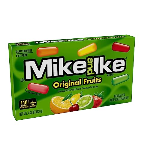 Just Born Mike and Ike Original Fruits candy close-up showing Cherry, Lemon, Lime, Orange, and Strawberry flavors.