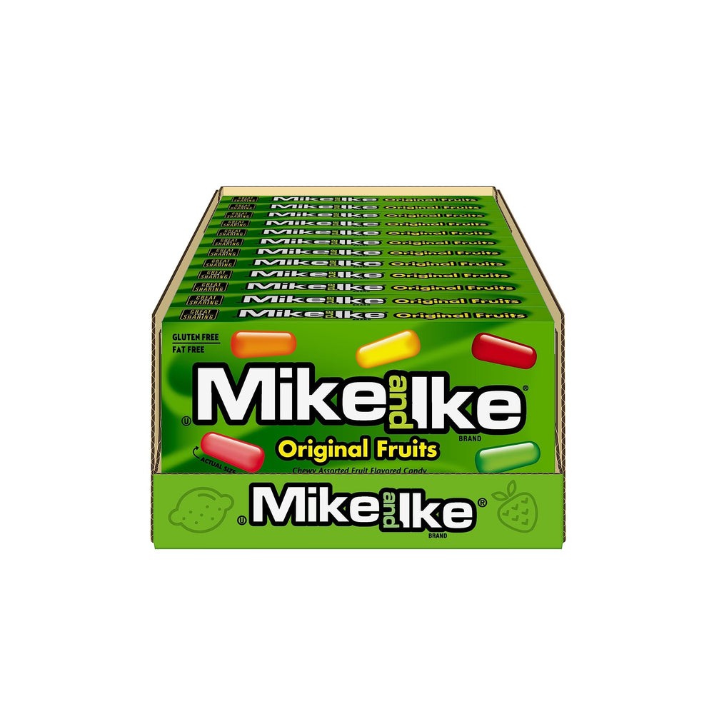 Just Born Mike and Ike Original Fruits on table, chewy fruity candy for study breaks or late-night gaming.