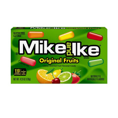 Just Born Mike and Ike Original Fruits theater box front view, perfect for movie-night snacking.