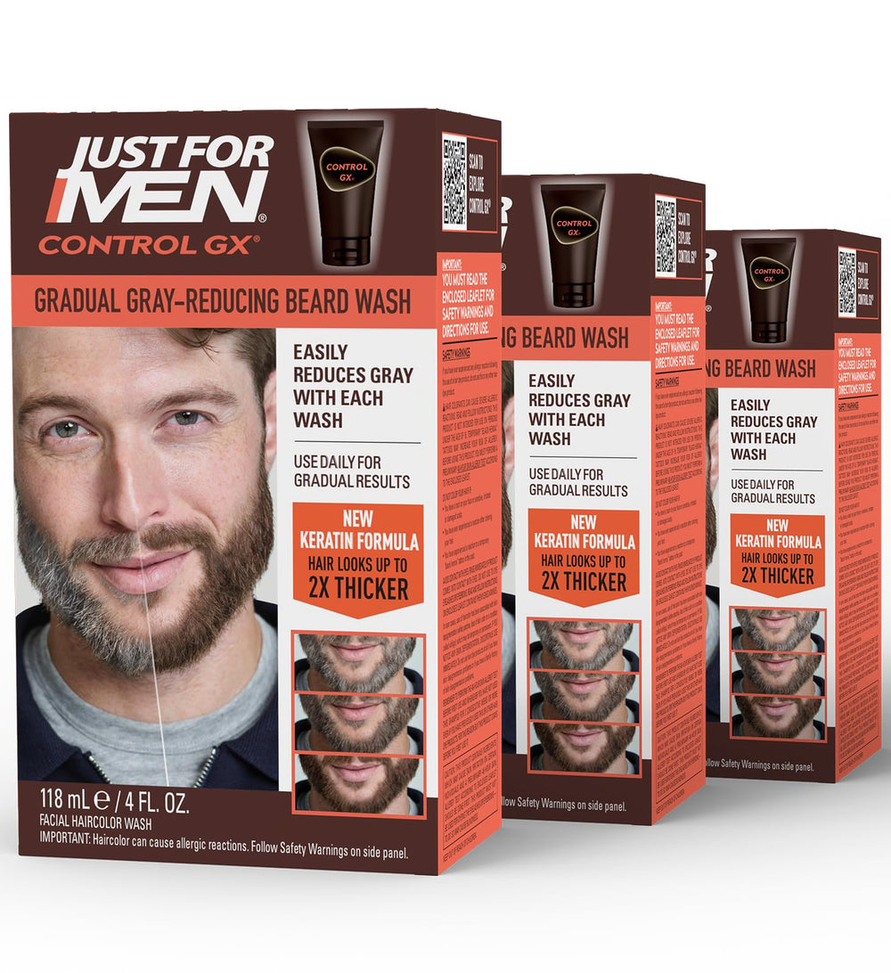 Just for Men Control GX beard wash bottle showing keratin boost for thicker, softer facial hair.