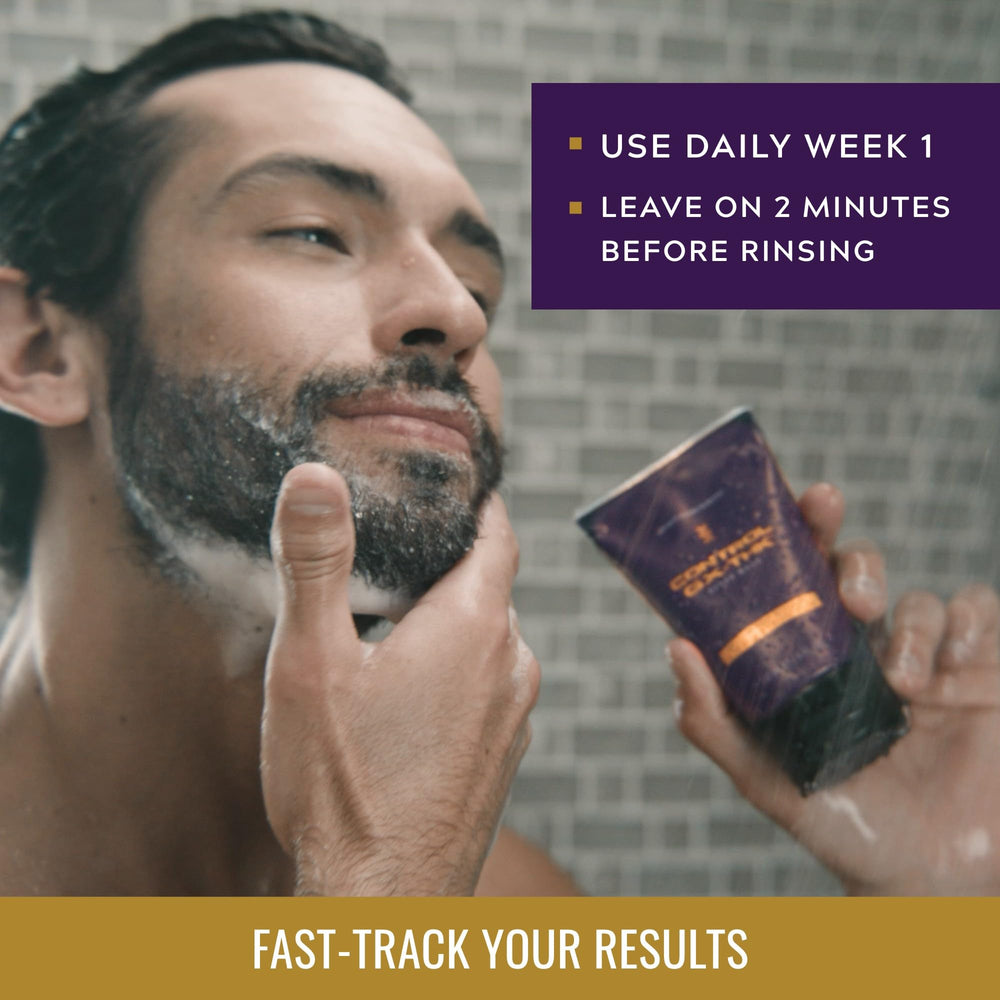 Just for Men Control GX + THK alpha keratin concept bottle emphasizes reinforced hair texture.