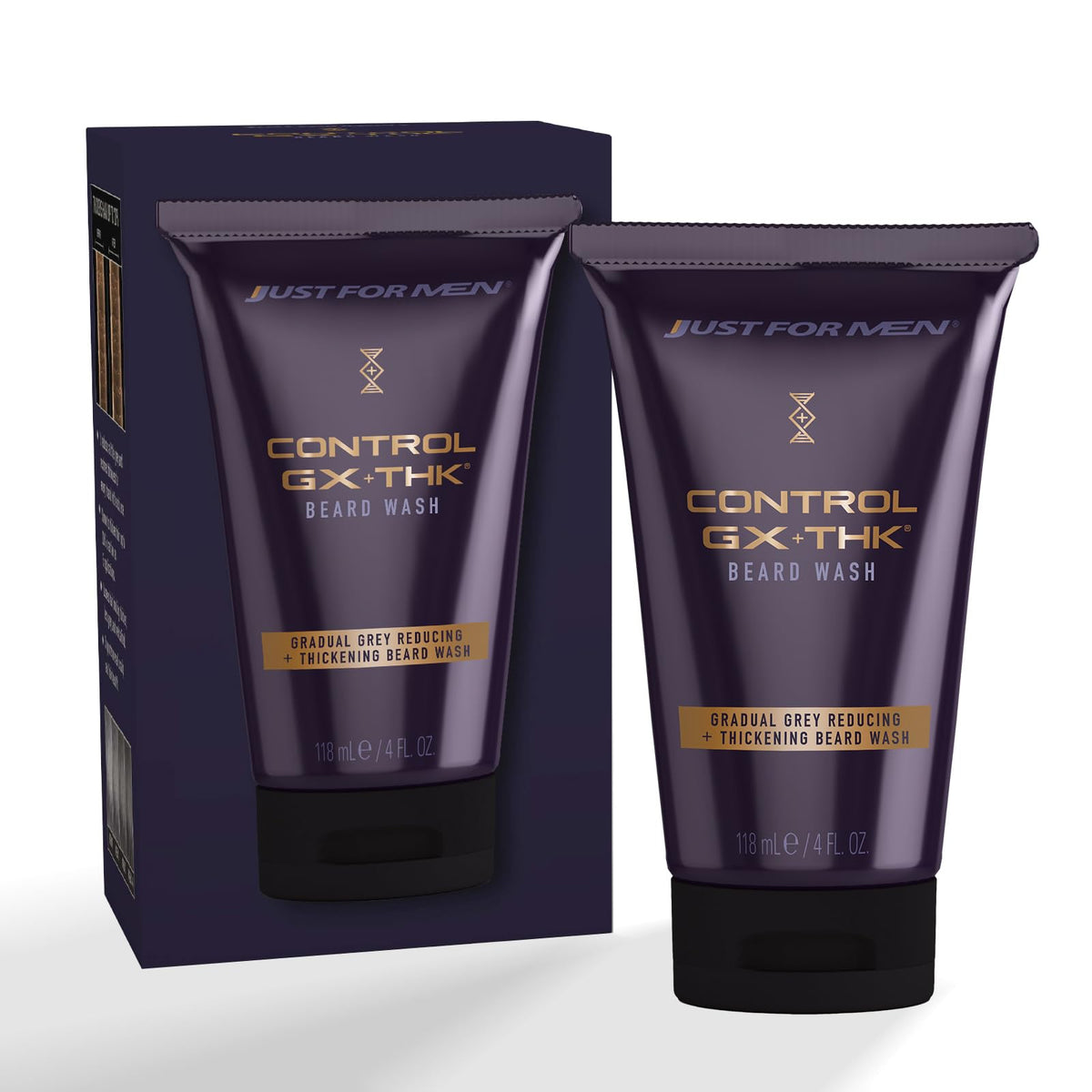 Just for Men Control GX + THK beard wash bottle front shows gray reduction and thicker beard.