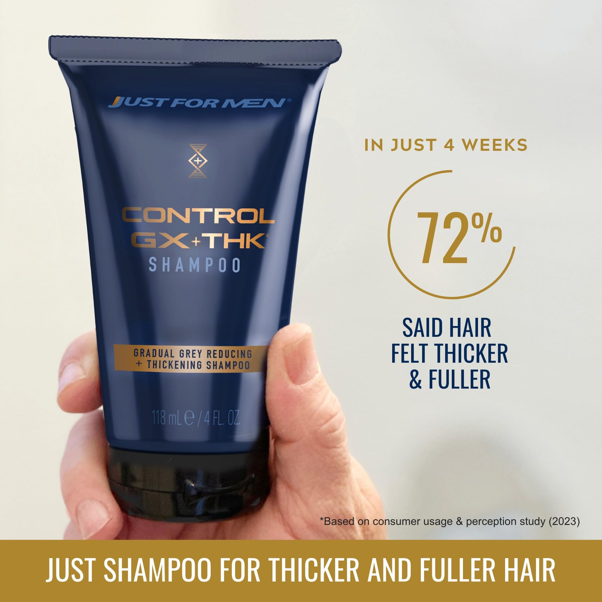 Just for Men CGX + THK foamy lather prepares hair with cleansing and volume uplift.