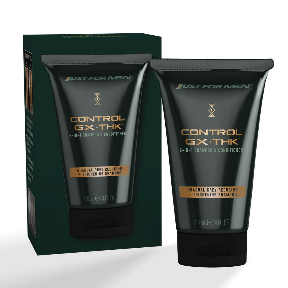 Just for Men Control GX + THK bottle being poured for daily cleansing and grey reduction.