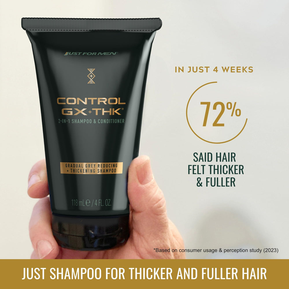 Just for Men Control GX + THK applying conditioner for even coverage and grey reduction.