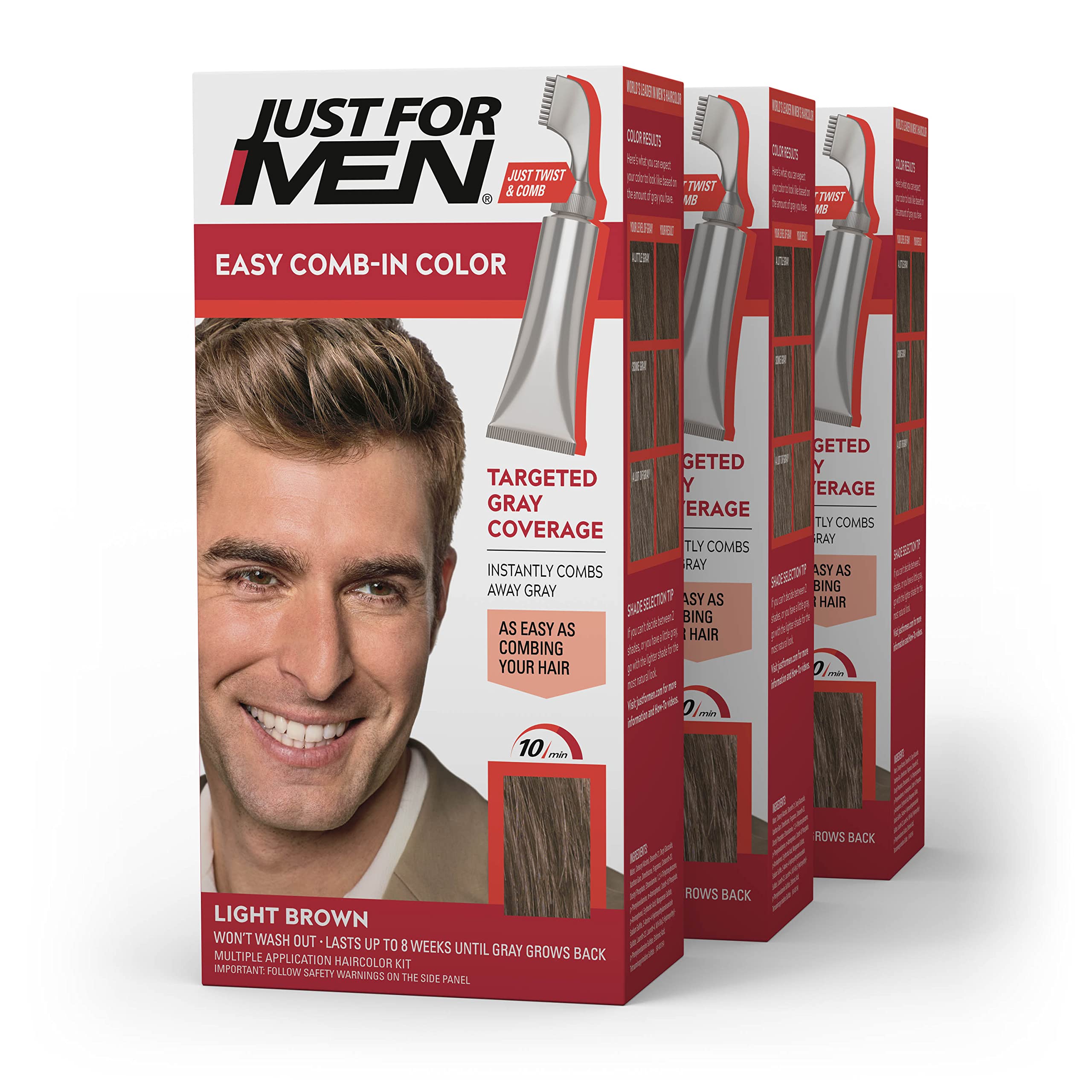 Just For Men Easy Comb-In Color packaging with comb applicator for quick gray coverage.