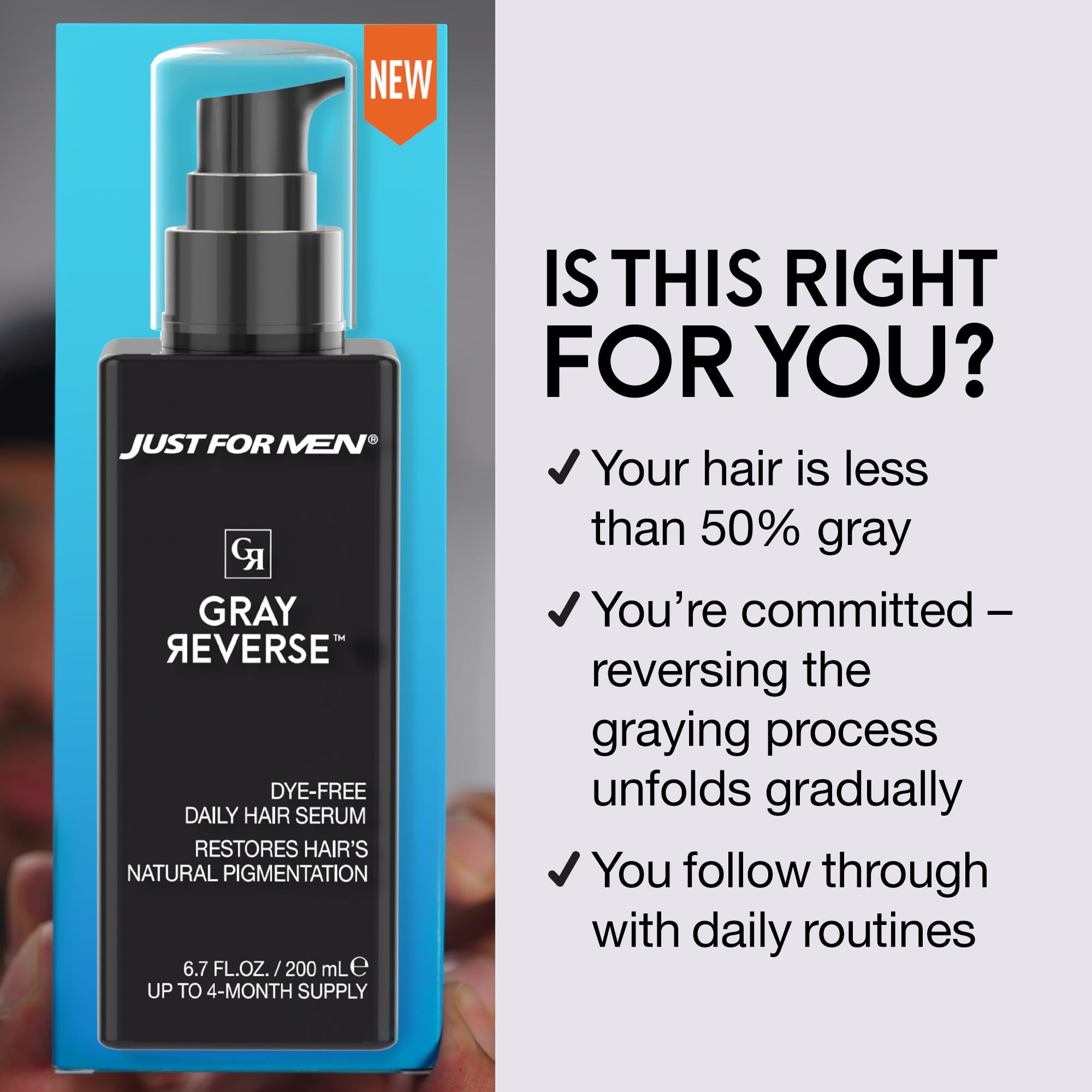 Just for Men Gray Reverse Serum highlights keratin boost for stronger hair.