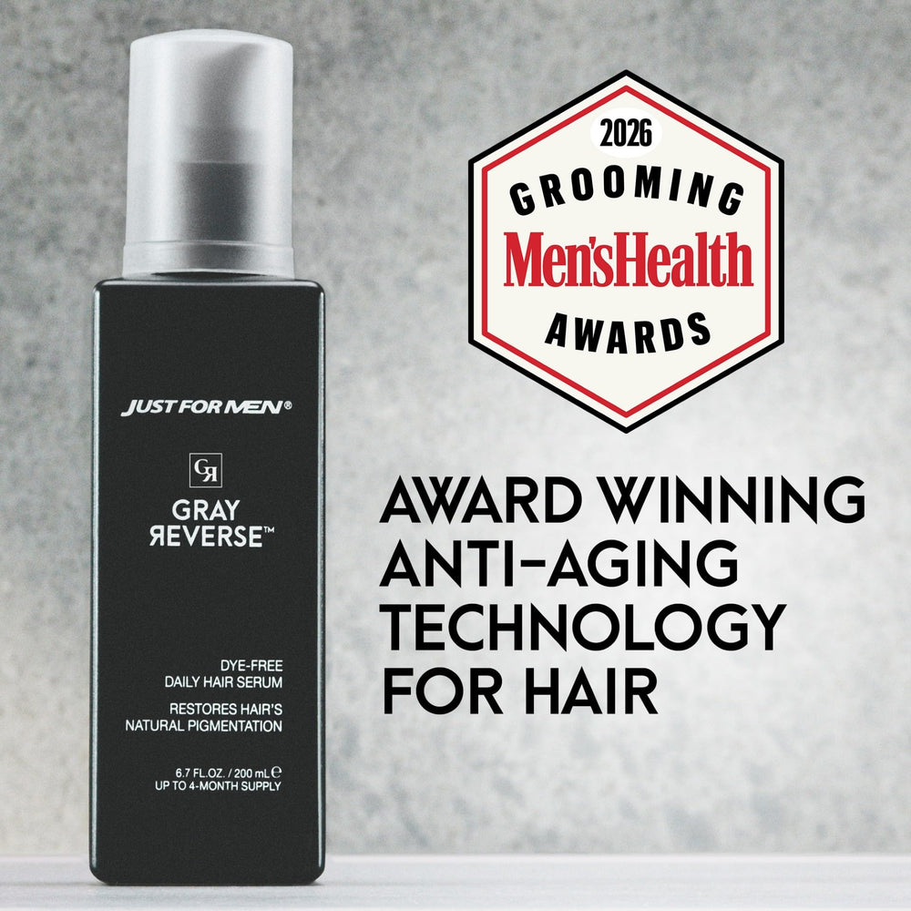 Just for Men Gray Reverse Serum massage action shown on damp hair for even coverage.
