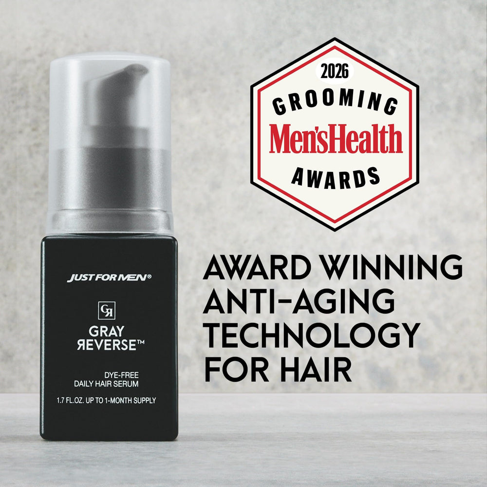 Just for Men Gray Reverse serum dispense pump shown for precise, mess-free application