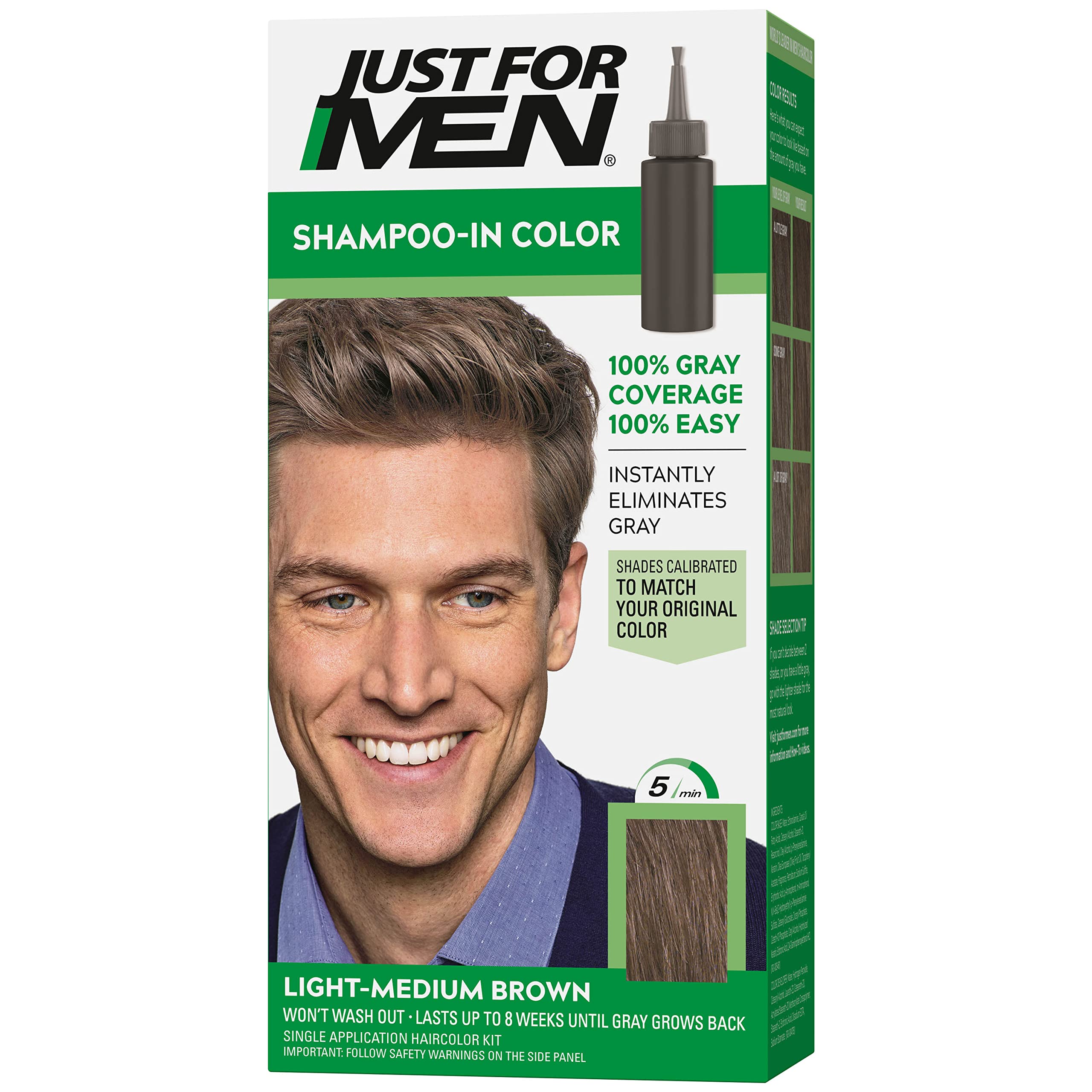 Just For Men Shampoo-In Color bottle applying color for natural gray coverage
