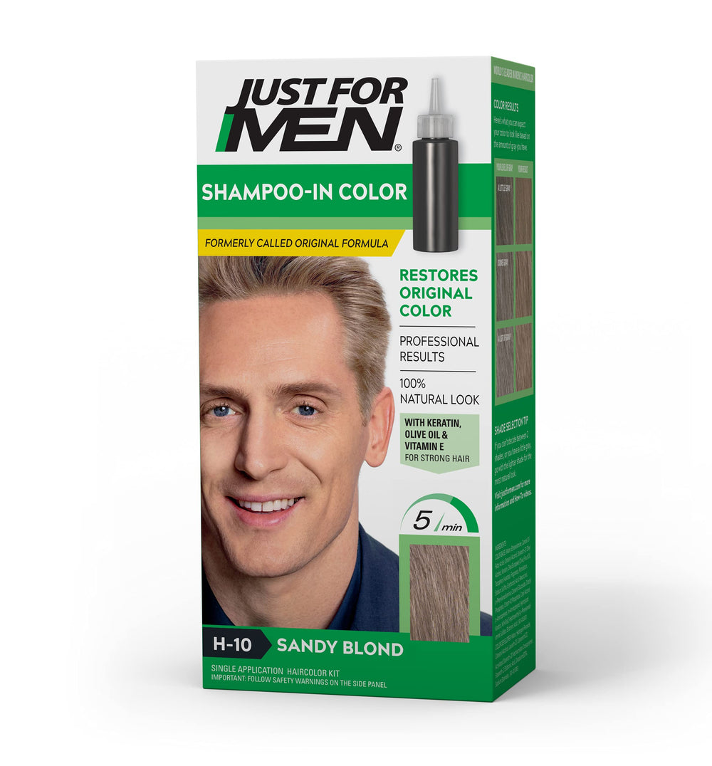 Just For Men Shampoo-In Color Sandy Blond box and bottle ready for use.