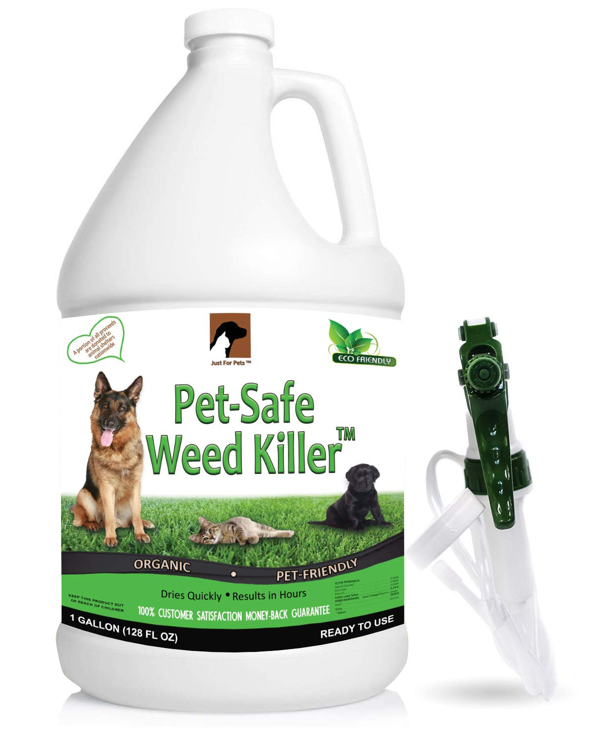 Just For Pets Weed Killer Spray gallon bottle ready for outdoor use around pets.