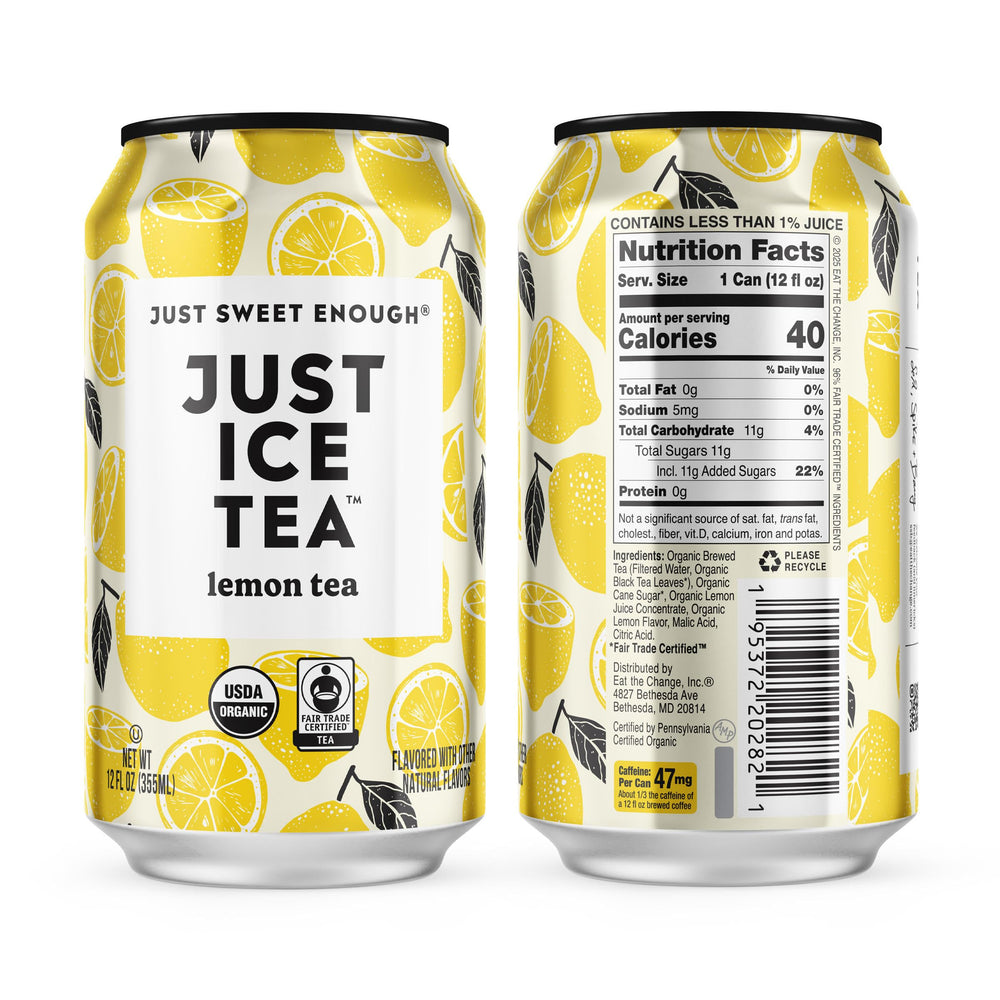 Just Ice Tea lemon-flavored black iced tea can with organic ingredients and fair trade sourcing