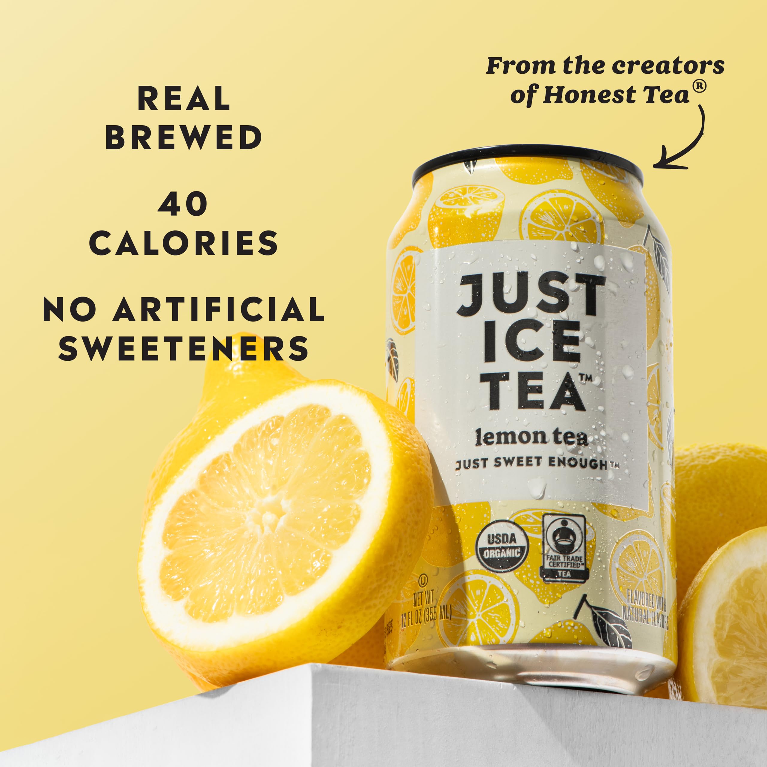 Just Ice Tea lemon-flavored black iced tea can highlighting traditional brewing process