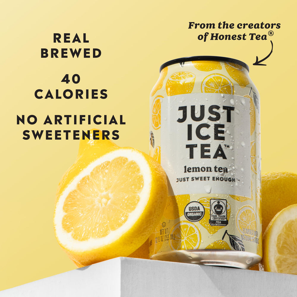 Just Ice Tea lemon-flavored black iced tea can highlighting traditional brewing process
