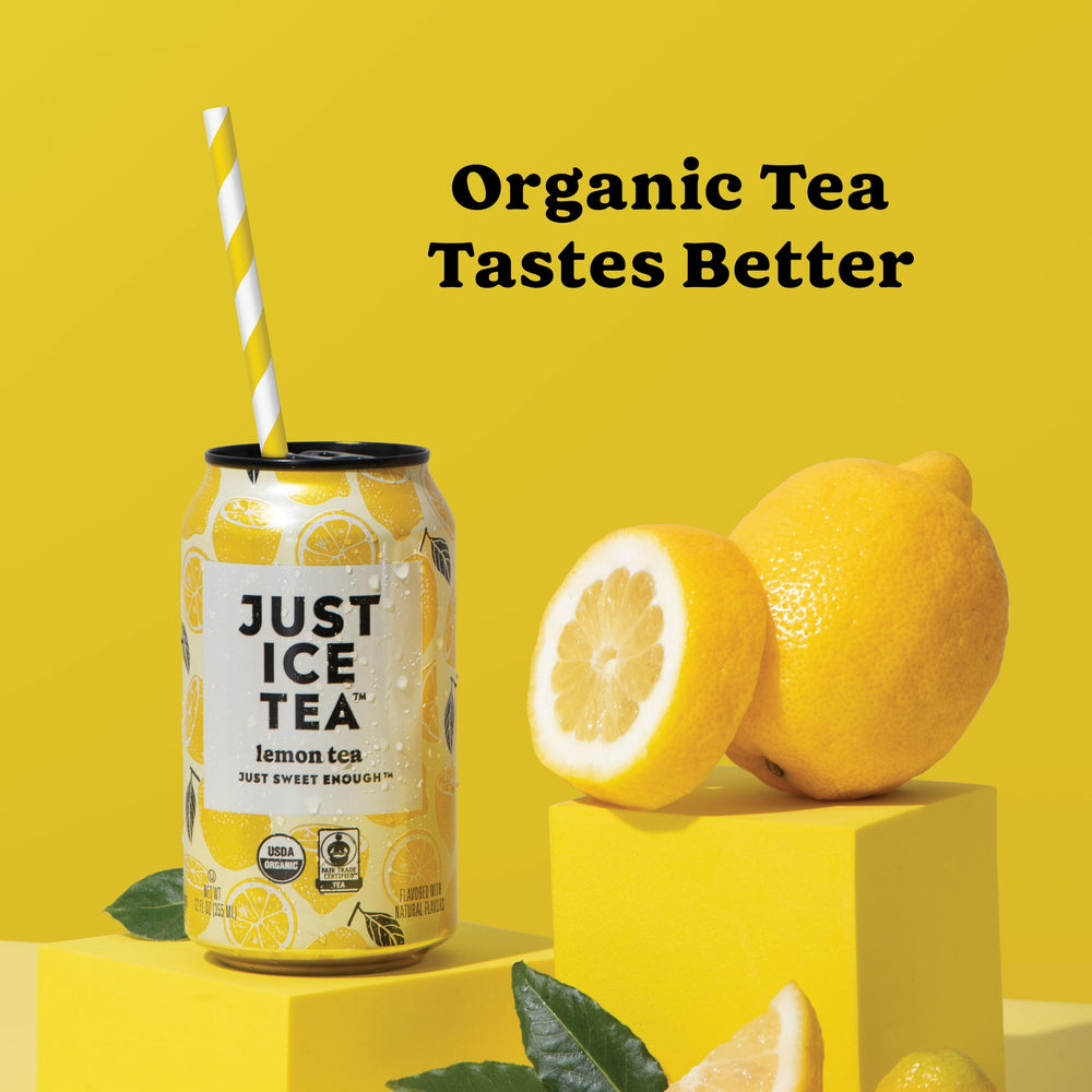 Just Ice Tea lemon-flavored black iced tea can in a cool setting for lunch or break