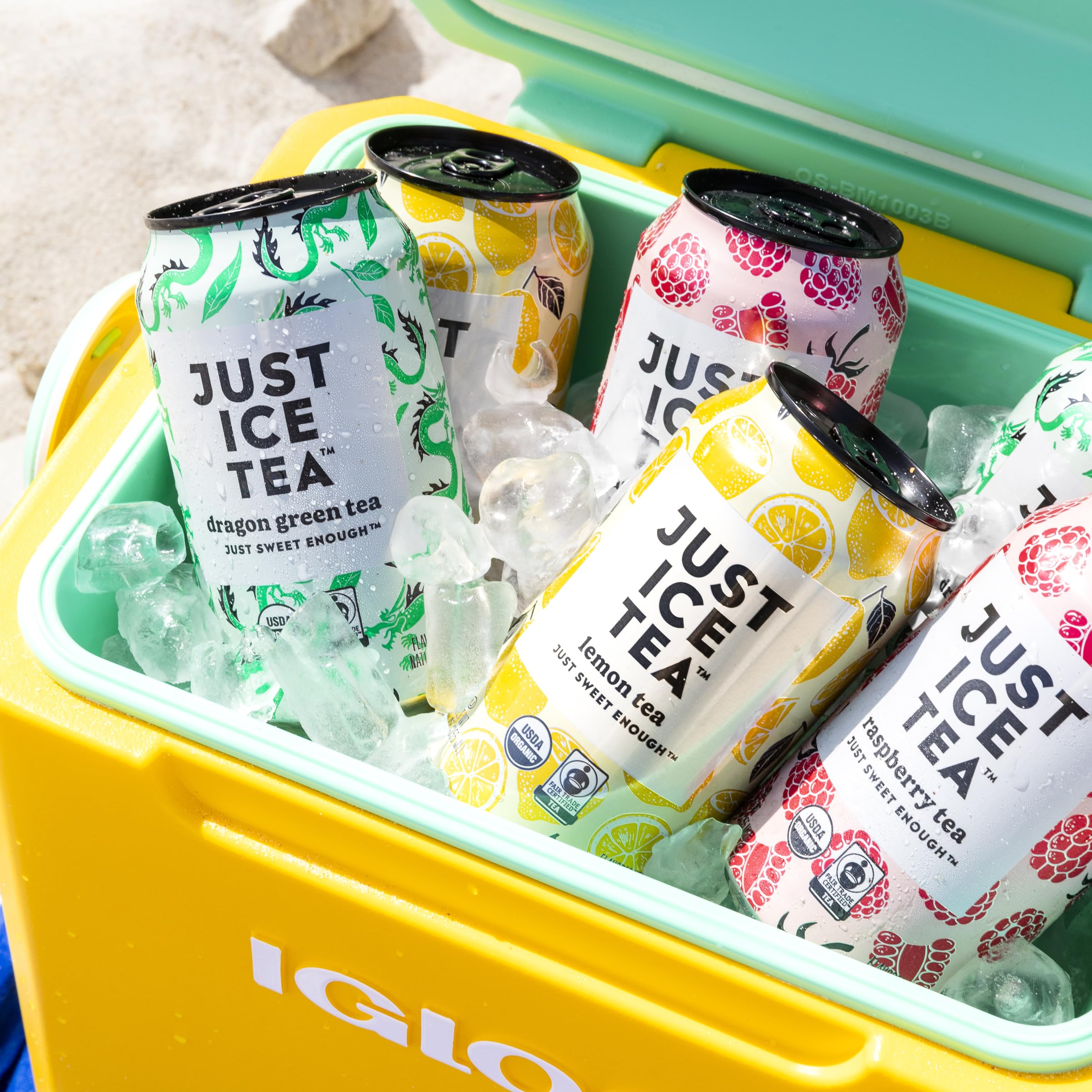 Just Ice Tea lemon-flavored black iced tea can emphasizing USA-made production
