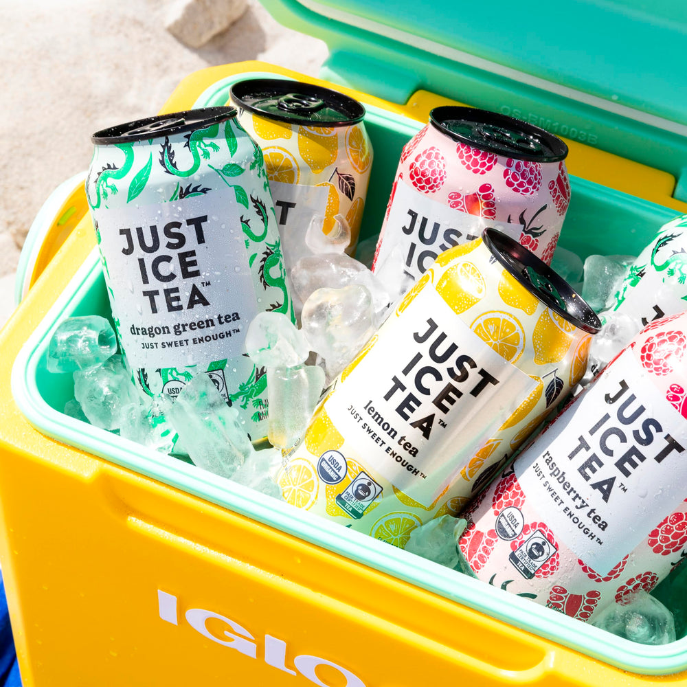 Just Ice Tea lemon-flavored black iced tea can emphasizing USA-made production