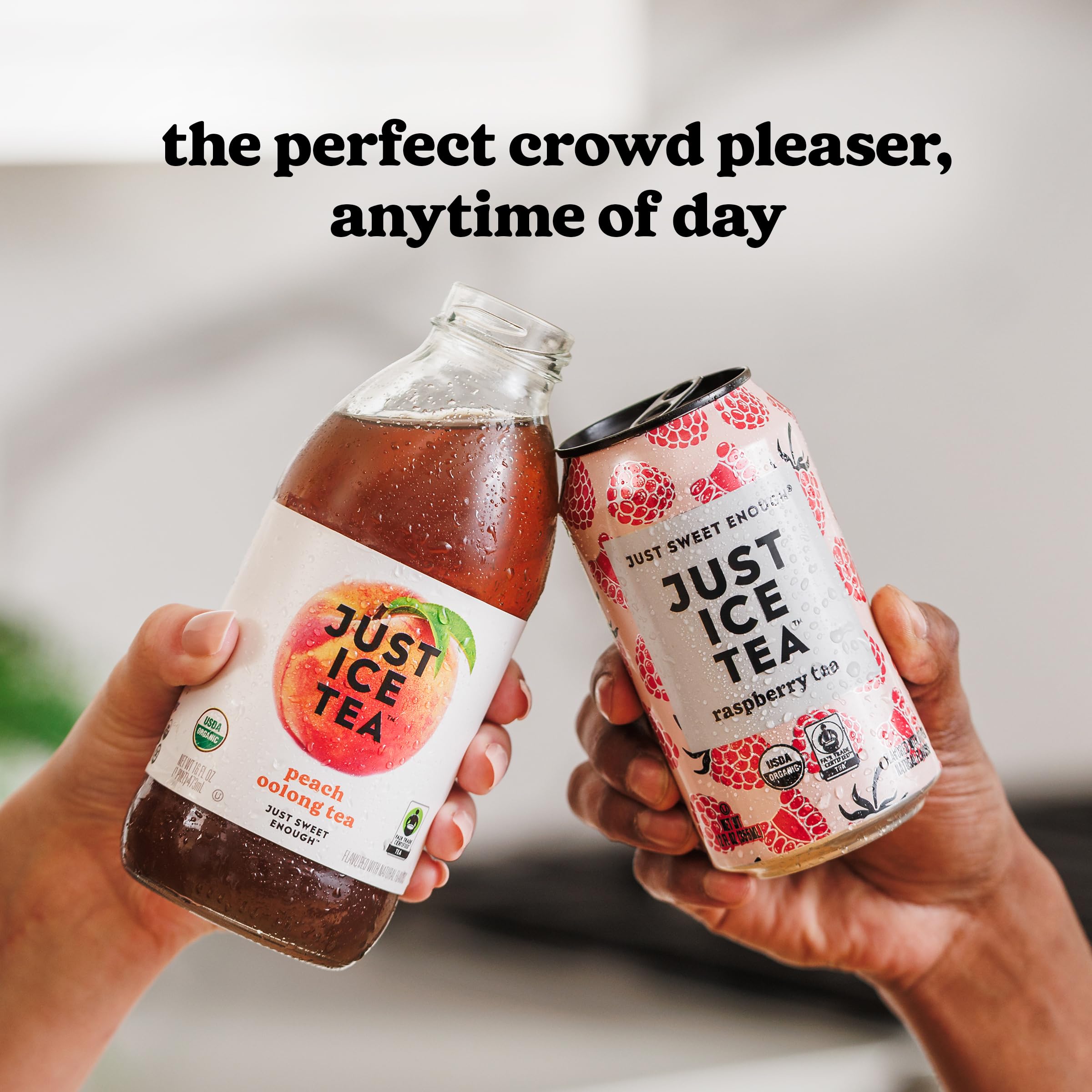 Just Ice Tea lemon-flavored black iced tea can with family and friends gathering