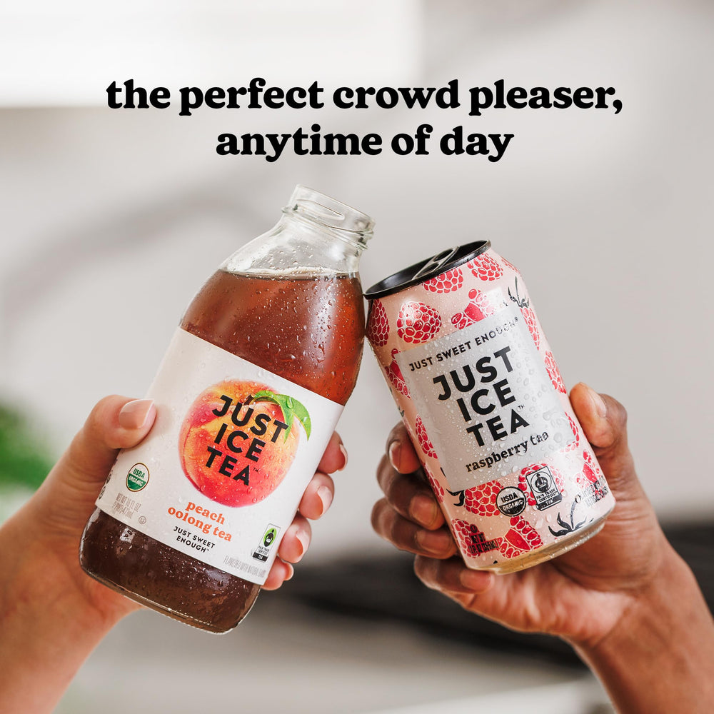 Just Ice Tea lemon-flavored black iced tea can with family and friends gathering