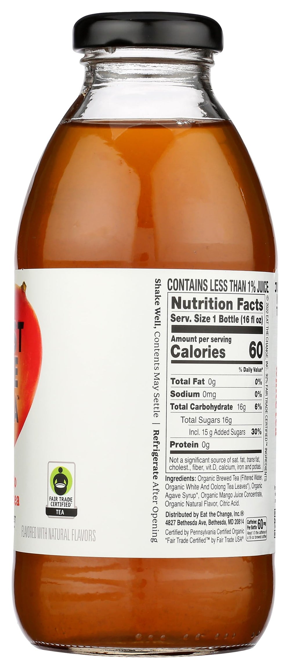 Just Ice Tea organic mango white tea bottle emphasizes organic sourcing and flavor profile.