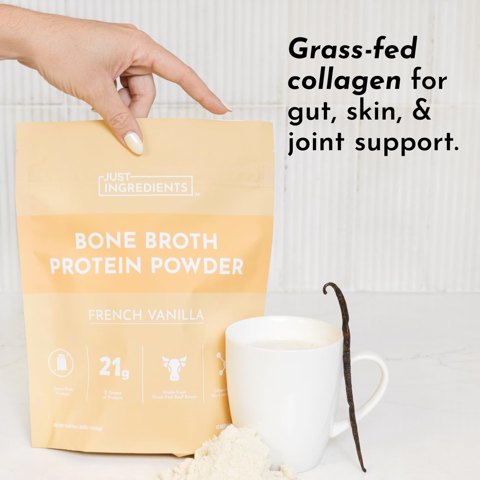 JUST INGREDIENTS Bone Broth Protein Powder mixed into coffee for a creamy lift.