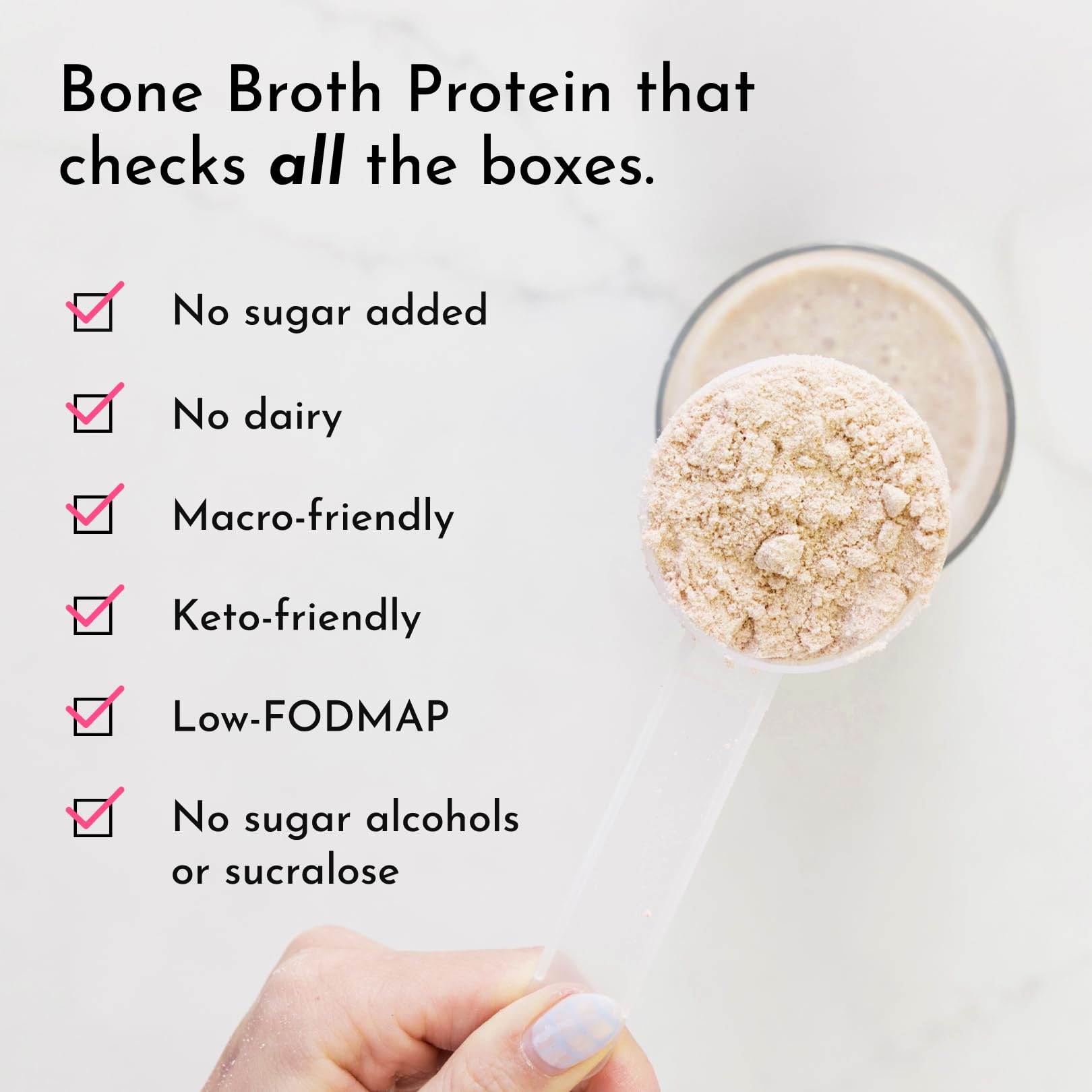 JUST INGREDIENTS Bone Broth Protein Powder being poured into a glass for vanilla shake.