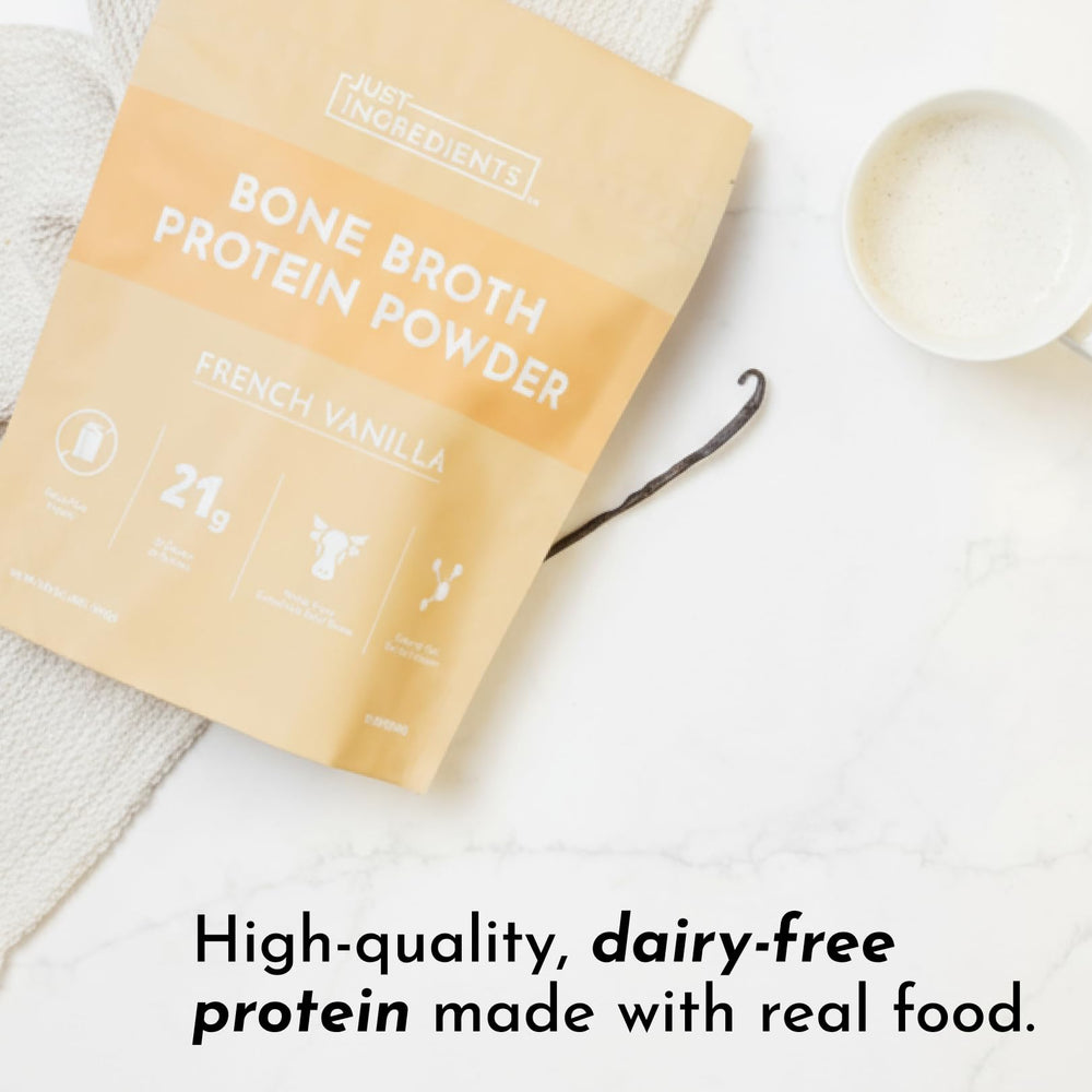 JUST INGREDIENTS Bone Broth Protein Powder with vanilla scoop ready for blending.
