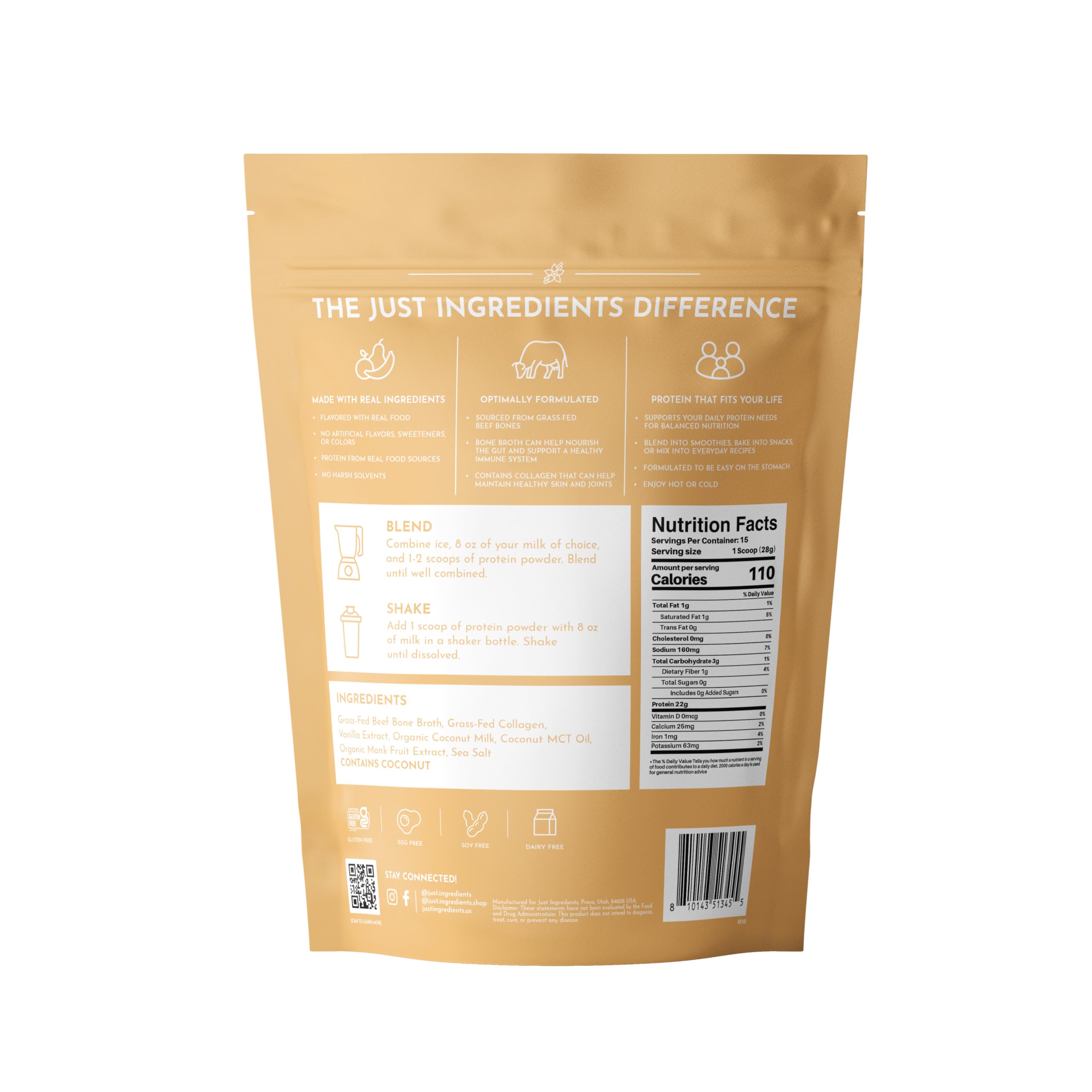 JUST INGREDIENTS Bone Broth Protein Powder scoop showing serving size for daily fueling.