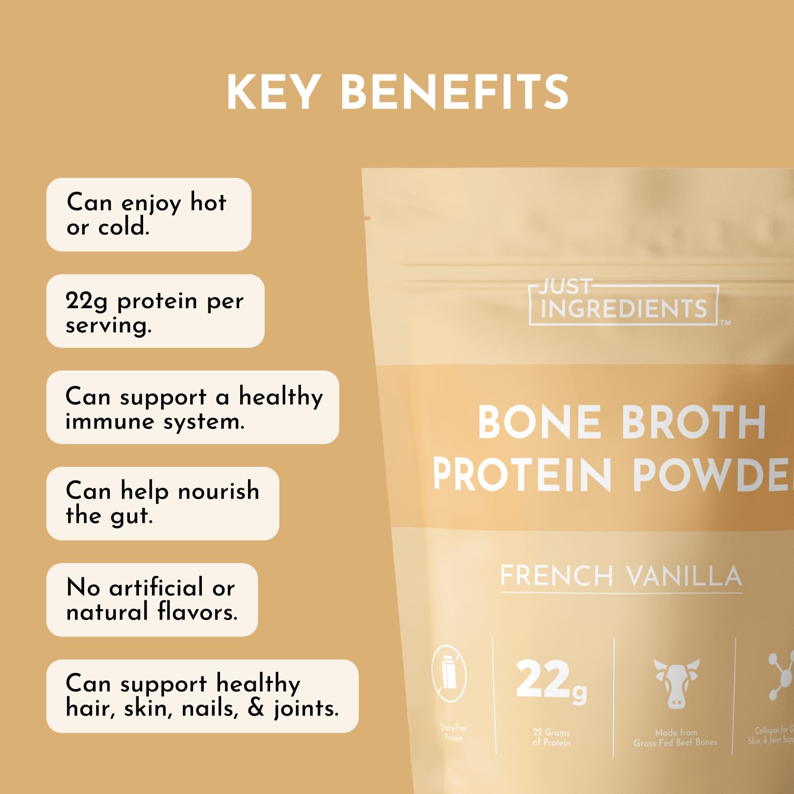JUST INGREDIENTS Vanilla shake prepared with Bone Broth Protein Powder on ice.