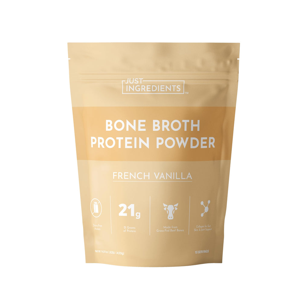 JUST INGREDIENTS Bone Broth Protein Powder tub front with French Vanilla flavor for shakes.