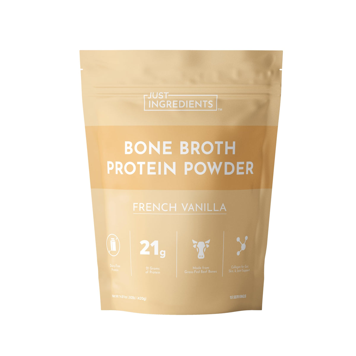 JUST INGREDIENTS Bone Broth Protein Powder tub front with French Vanilla flavor for shakes.