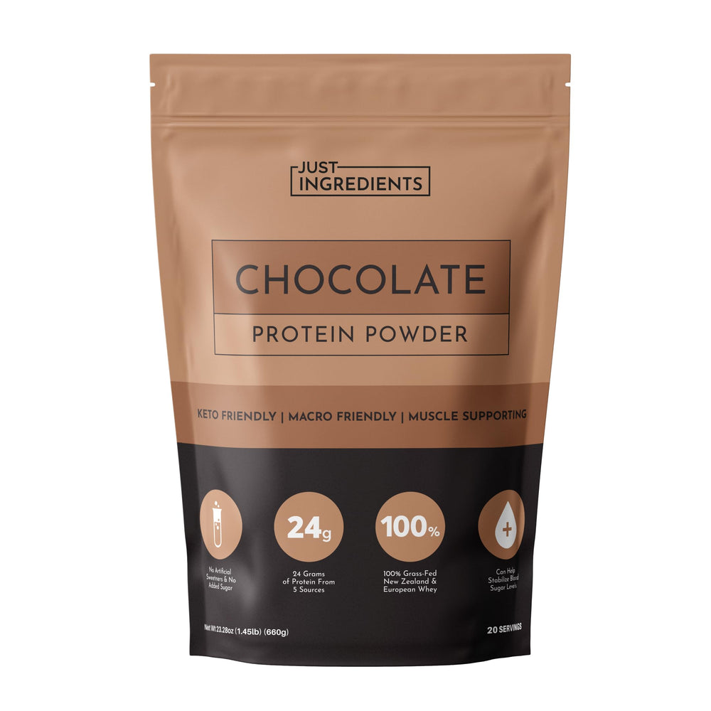 JUST INGREDIENTS Chocolate Protein Powder canister front reveals premium blend for muscle recovery.