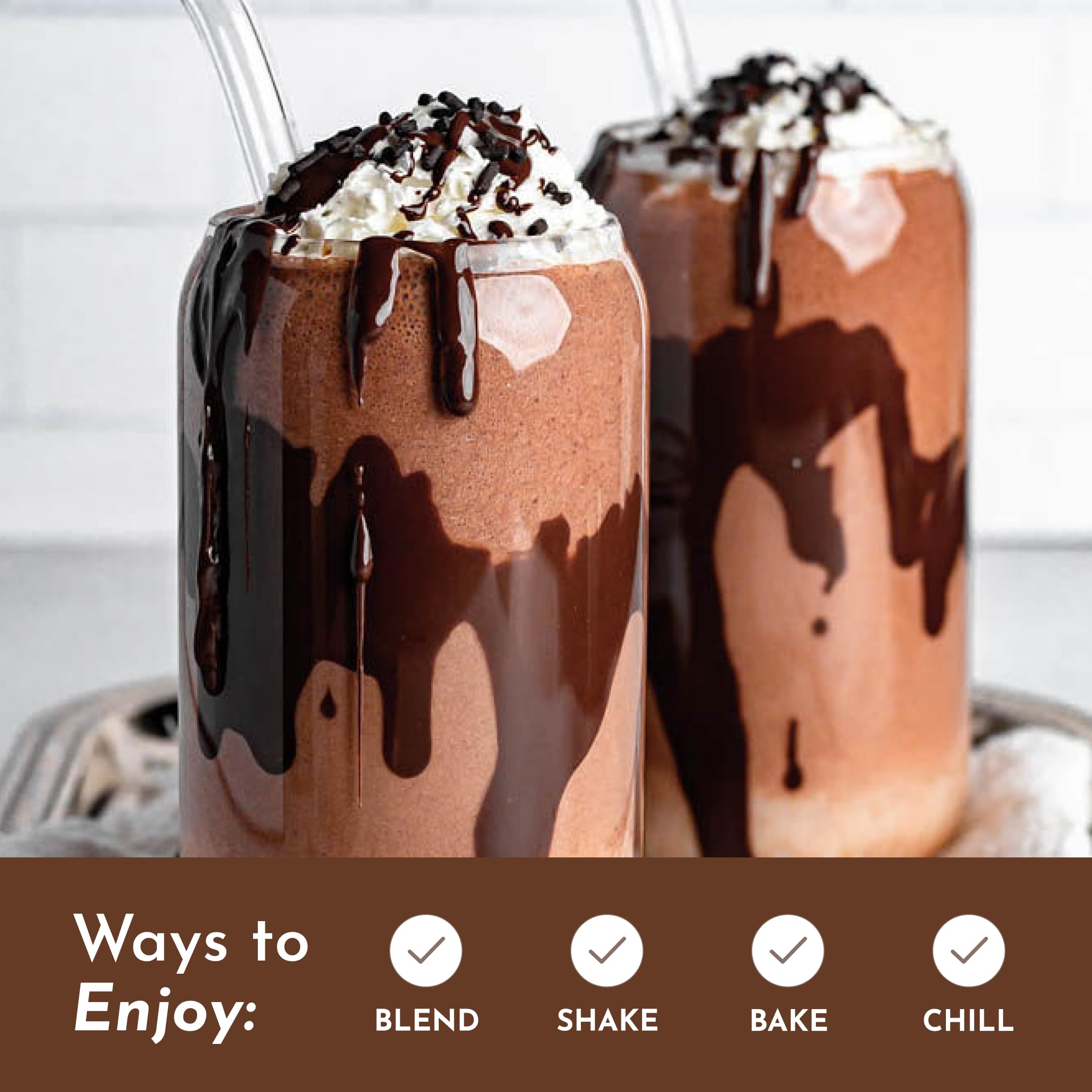 JUST INGREDIENTS Chocolate Protein Powder glass shake highlights smooth, rich cocoa flavor.