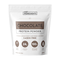 JUST INGREDIENTS Chocolate Protein Powder jar emphasizes grass-fed whey and plant protein blend for recovery support.