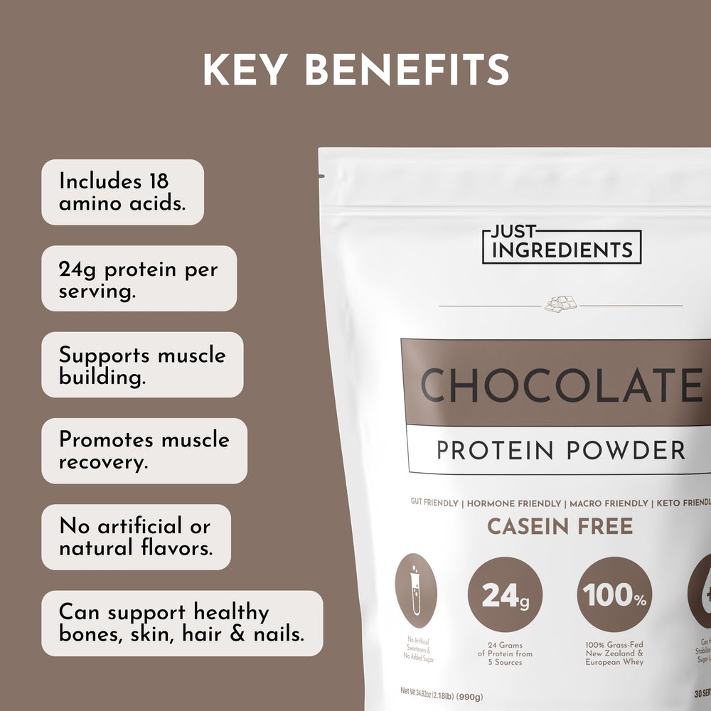 JUST INGREDIENTS Chocolate Protein Powder label highlights transparent ingredients and clean nutrition.
