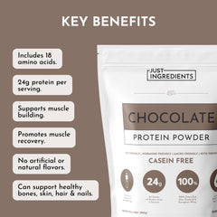 JUST INGREDIENTS Chocolate Protein Powder label highlights transparent ingredients and clean nutrition.