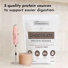 JUST INGREDIENTS Chocolate Protein Powder shake showcases rich cocoa flavor in a creamy shake.