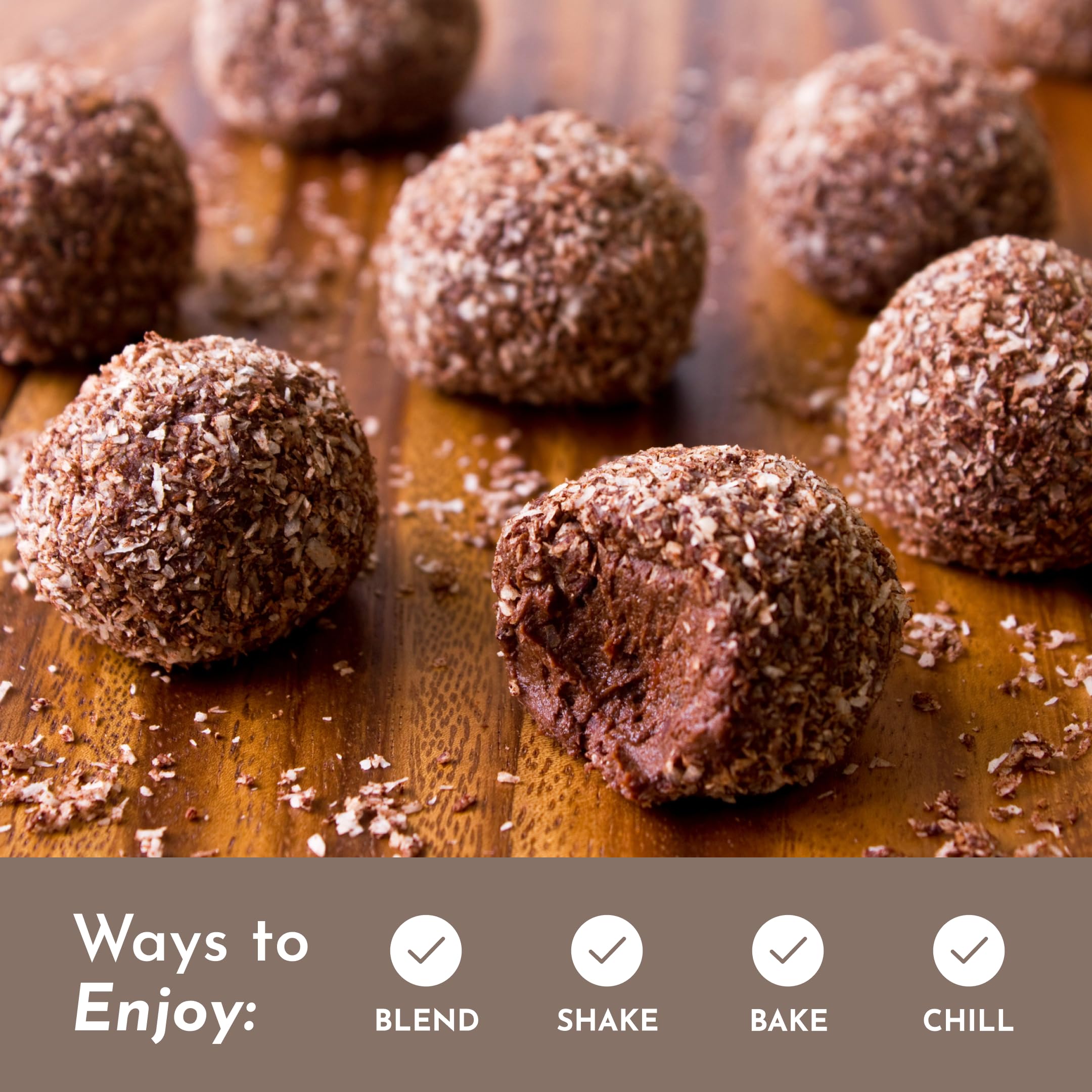 JUST INGREDIENTS Chocolate Protein Powder with water bottle suggests easy daily nutrition.